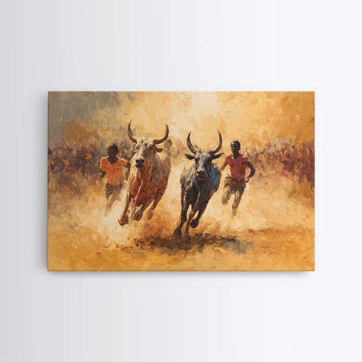 Dusty African Bull Race With Runners Canvas Print, Safari Culture Wall Art, Warm Earth Tone Decor For Living Room Gift Idea