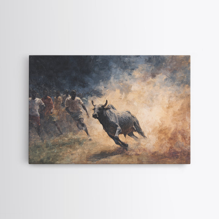 Charging Bull And Runners In Dusty Arena Wall Art, African Safari Art Decor, Dynamic Canvas Print For Bold Home Decor Gift