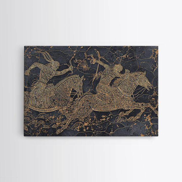 Gold Tribal Horse Warriors On Black Stone Framed Canvas Print, African Warrior Art Decor, Ancient Line Wall Art For Office