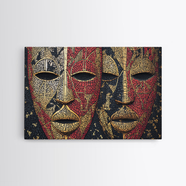 Dual African Tribal Masks In Red Gold Mosaic, Framed Canvas Print, Afrocentric Mask Art, Bold Cultural Wall Decor For Home