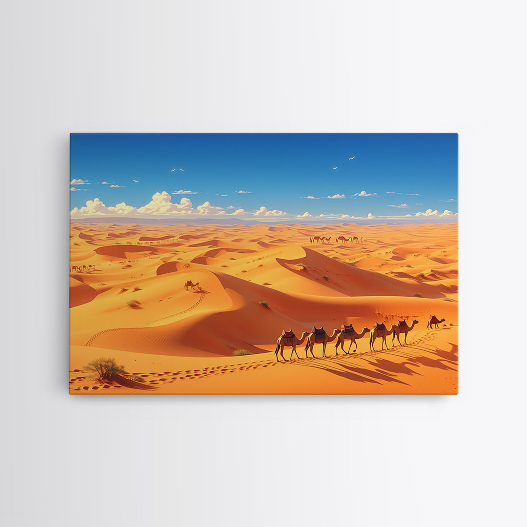 Golden Sahara Dunes With Camel Caravan, African Wall Art, Desert Landscape Print, Travel Decor, Boho Living Room Gift Poster