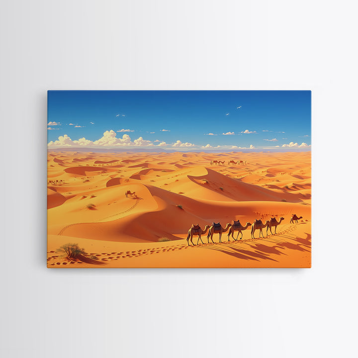 Golden Sahara Dunes With Camel Caravan, African Wall Art, Desert Landscape Print, Travel Decor, Boho Living Room Gift Poster