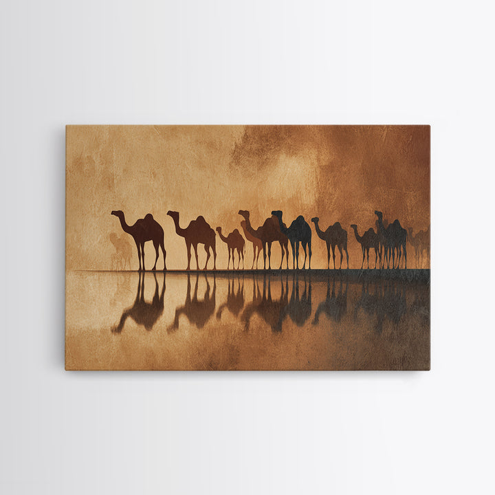 Sepia Camel Caravan Reflections At Dusk, Canvas Print, African Safari Art, Earth Tone Wall Decor, Desert Home Decor Gift