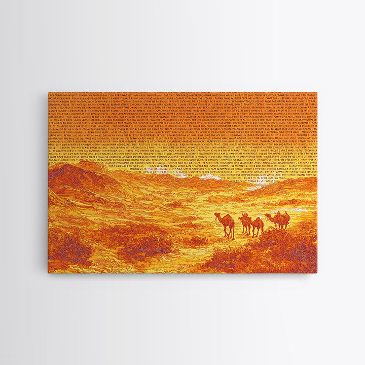 Orange Desert Camel Caravan With Text Texture, African Wall Art, Sahara Landscape Poster, Burnt Orange Boho Decor Gift Print