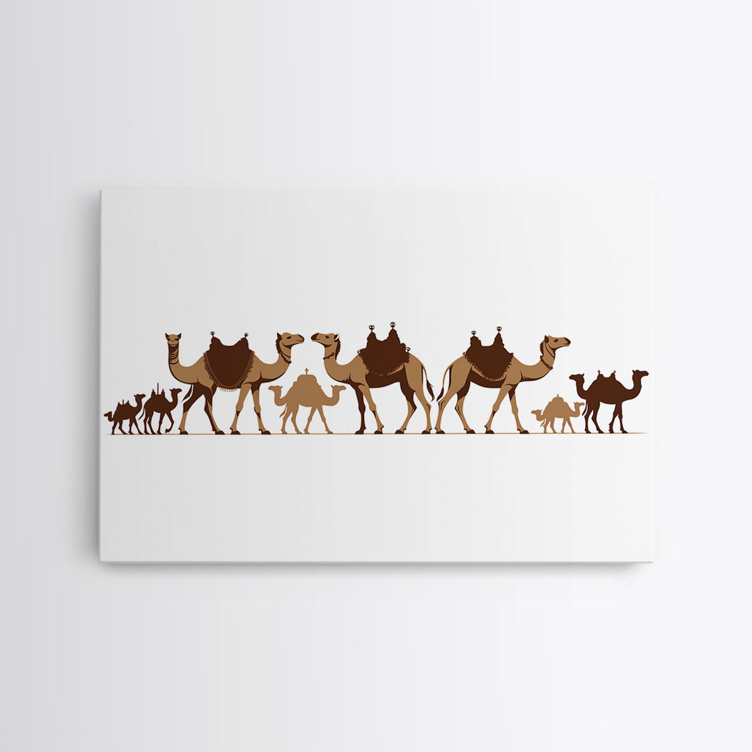 Minimal Camel Caravan Silhouette On White, Framed Canvas Print, African Desert Wall Decor, Neutral Safari Art Gift For Living Room