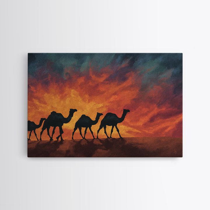 Fiery Sunset Camel Caravan Silhouettes, Canvas Print, African Safari Wall Art, Burnt Orange Desert Decor For Living Room