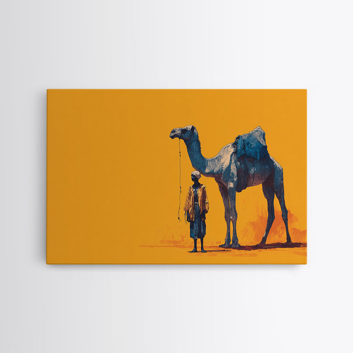 Blue Camel And Tuareg Traveler On Orange, African Wall Art, Minimalist Desert Portrait, Unique Canvas Gift For Him, Home Decor