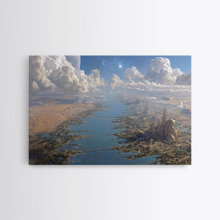 Futuristic Nile River City Canvas Print, African Landscape Sci Fi Wall Decor, Dreamy Blue Desert Skyline Home Decor Art Gift
