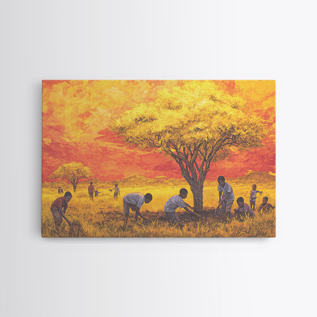 Golden Acacia Tree Planting Wall Art, African Children Landscape, Cultural Safari Decor Canvas For Living Room Home Decor Gift