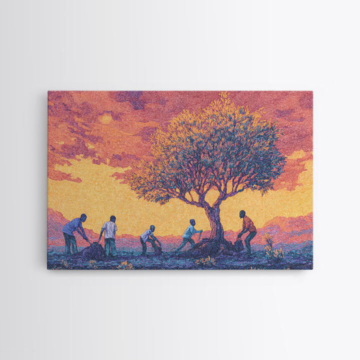 Sunset Acacia Harvest Framed Canvas Print, African Landscape Wall Art, Warm Orange Cultural Safari Decor For Home And Office