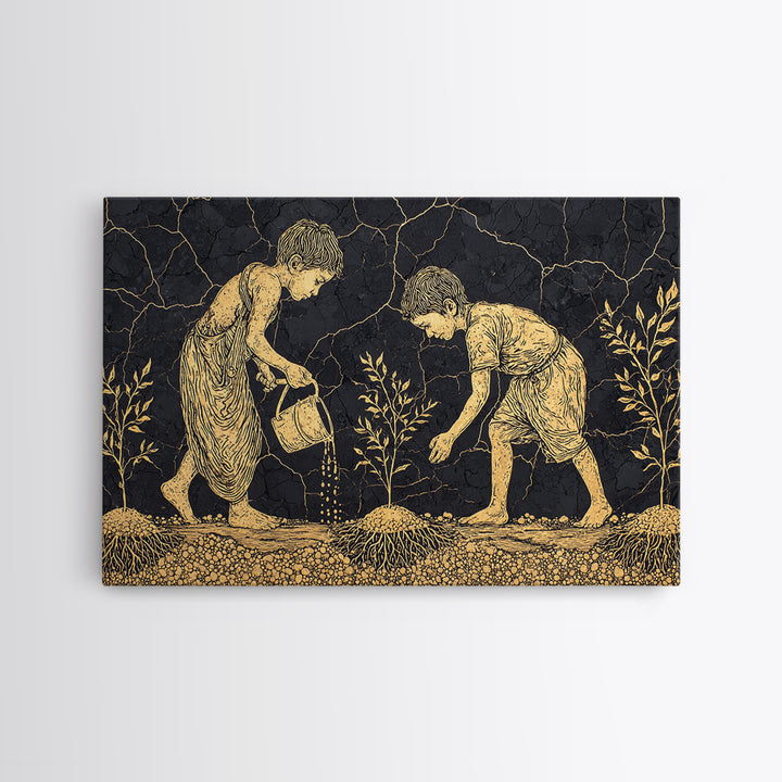 Gold Etched Children Planting Canvas Print, African Culture Art, Black And Gold Farm Scene Wall Decor For Meaningful Gift