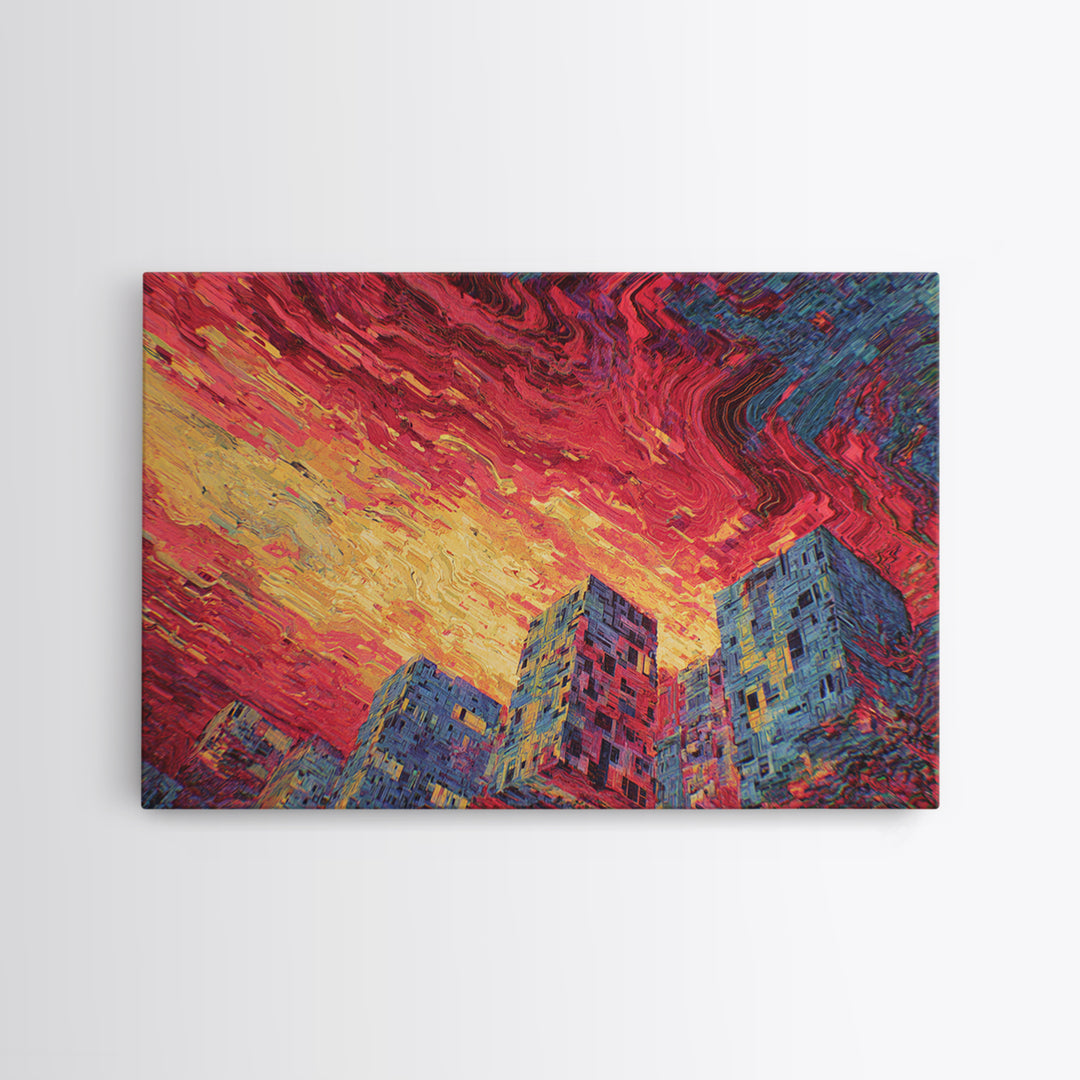 Fiery City Skyline Canvas Print, Modern Urban Wall Art, Bold Red Sunset Architecture Decor For Office Living Room Statement Decor