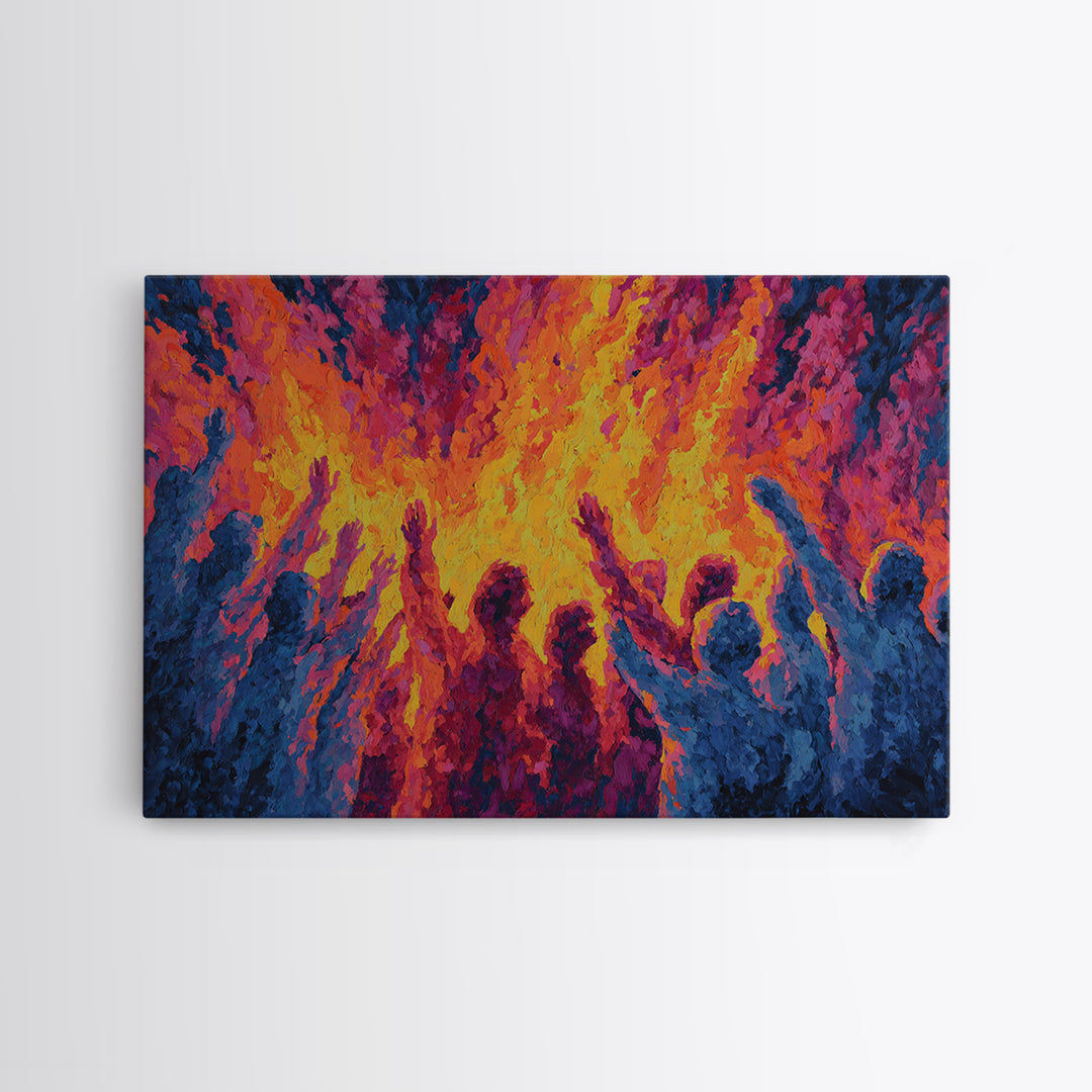 Celebration Around Fire Wall Art, Vibrant African Inspired Abstract, Festival Dance Canvas Print For Bold Cultural Decor