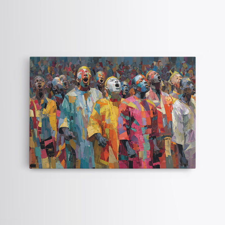 Colorful African Masked Choir Wall Art, Festival Procession Painting, Afrocentric Culture Decor, Bold Gallery Canvas Print