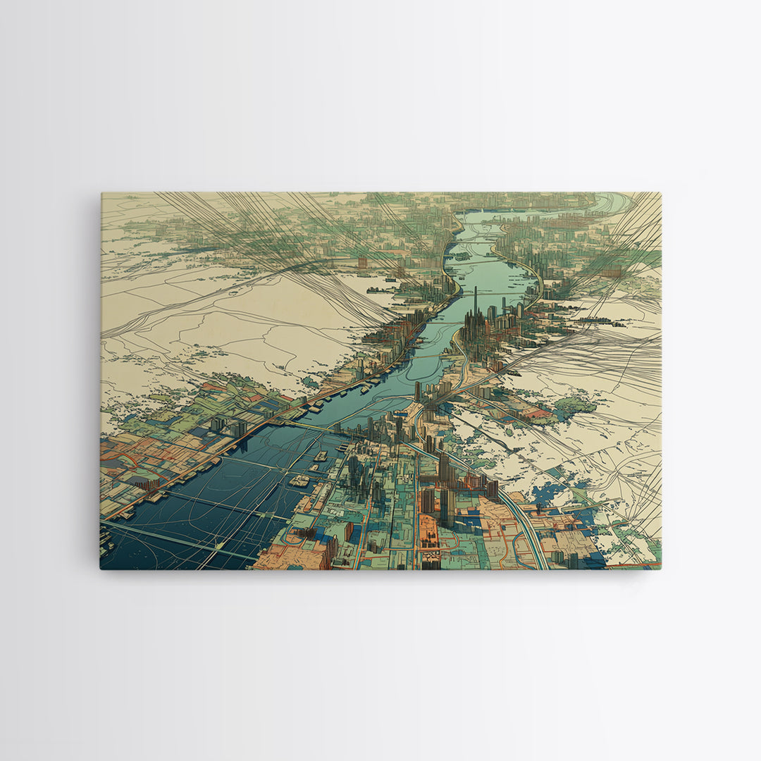 Aerial River City Map Canvas Print, Modern African Travel Inspired Wall Art, Teal Urban Landscape, Statement Office Decor Gift