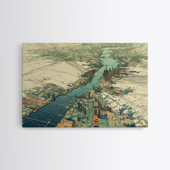 Aerial River City Map Canvas Print, Modern African Travel Inspired Wall Art, Teal Urban Landscape, Statement Office Decor Gift