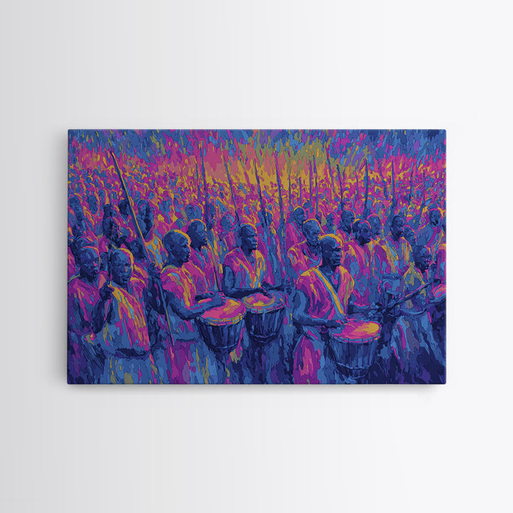 Neon African Drumming Festival Wall Art, Colorful Celebration Painting, Afrocentric Music Decor, Vibrant Living Room Canvas Print