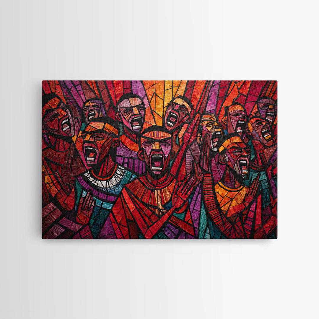 Stained Glass African Choir Wall Art, Bold Red Tribal Celebration Painting, Black Culture Decor, Expressive Canvas Print