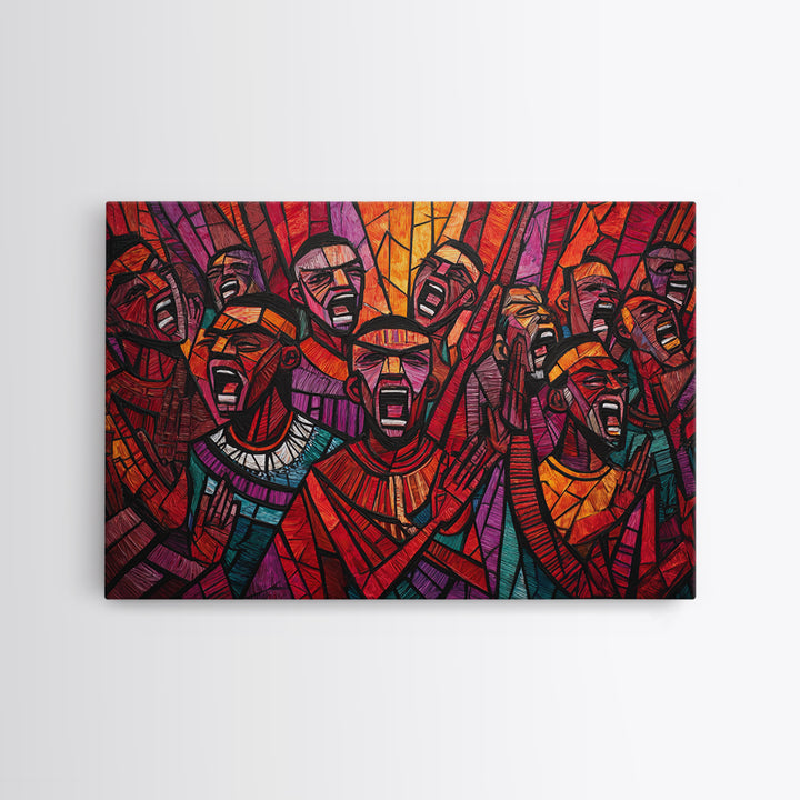Stained Glass African Choir Wall Art, Bold Red Tribal Celebration Painting, Black Culture Decor, Expressive Canvas Print