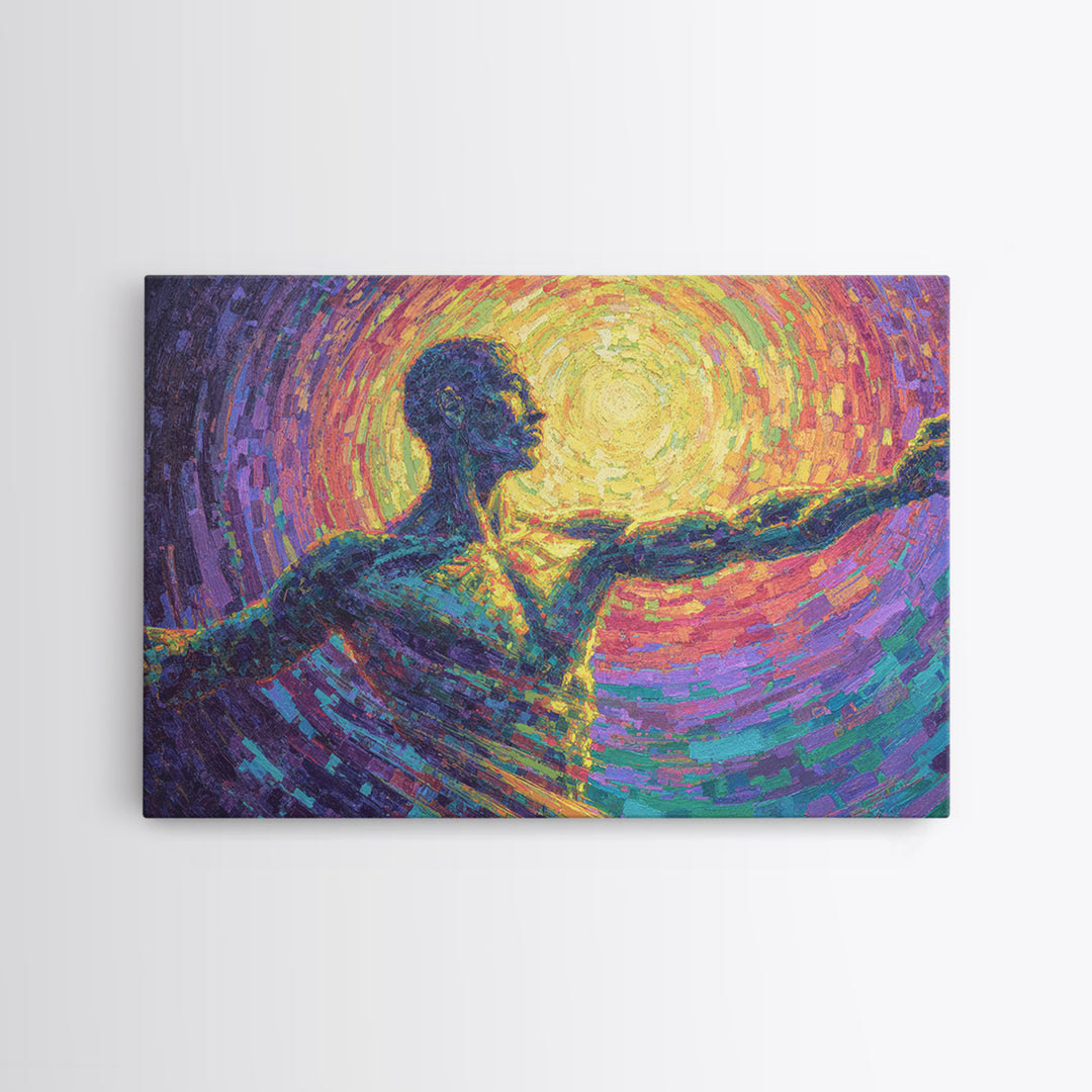 Radiant African Dancer Silhouette Canvas Print, Spiritual Abstract Wall Art, Colorful Black Figure, Meditation Room Decor