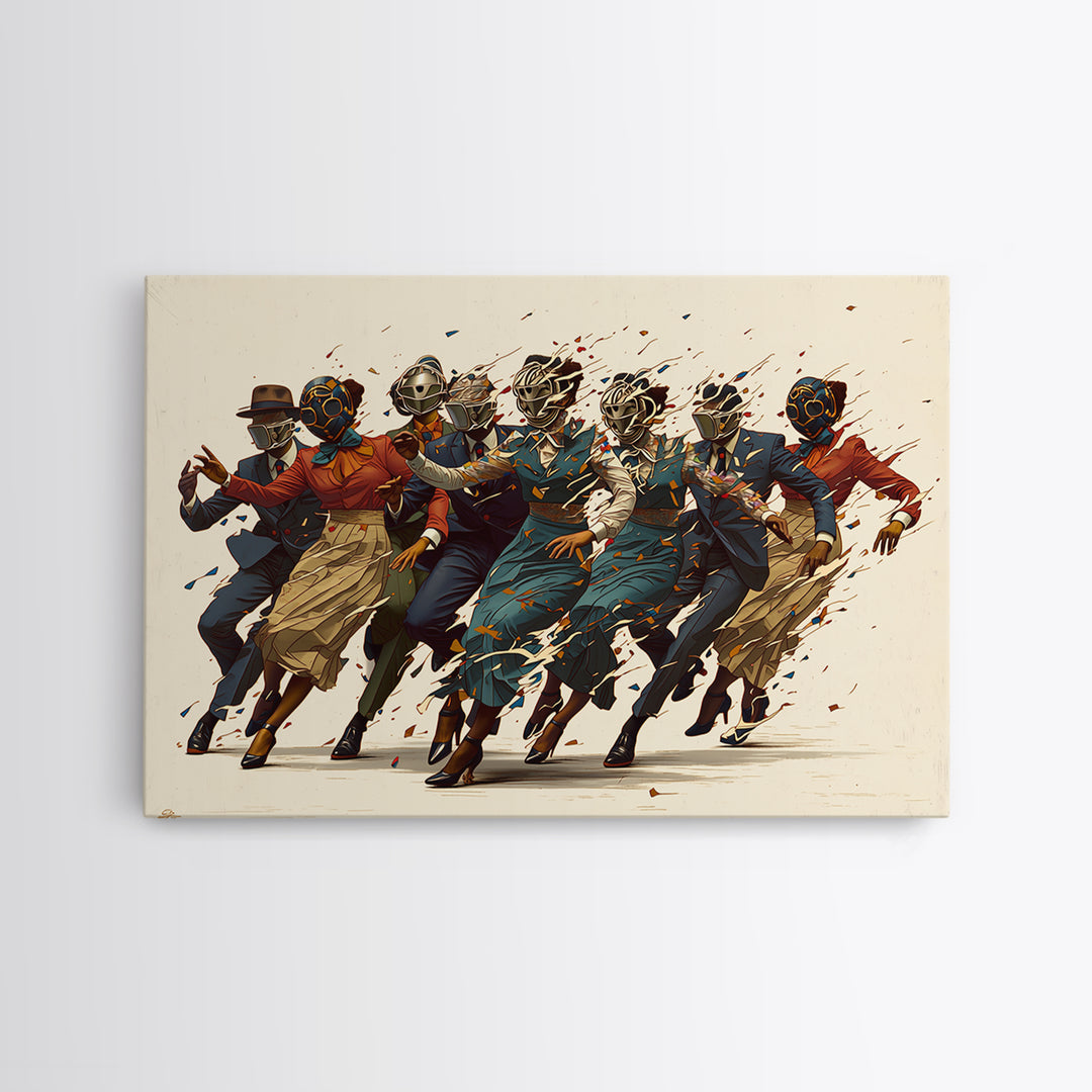 Masked African Jazz Dancers Canvas Print, Afrofuturism Fashion Wall Art, Stylish Black Culture Decor, Unique Home Decor Gift