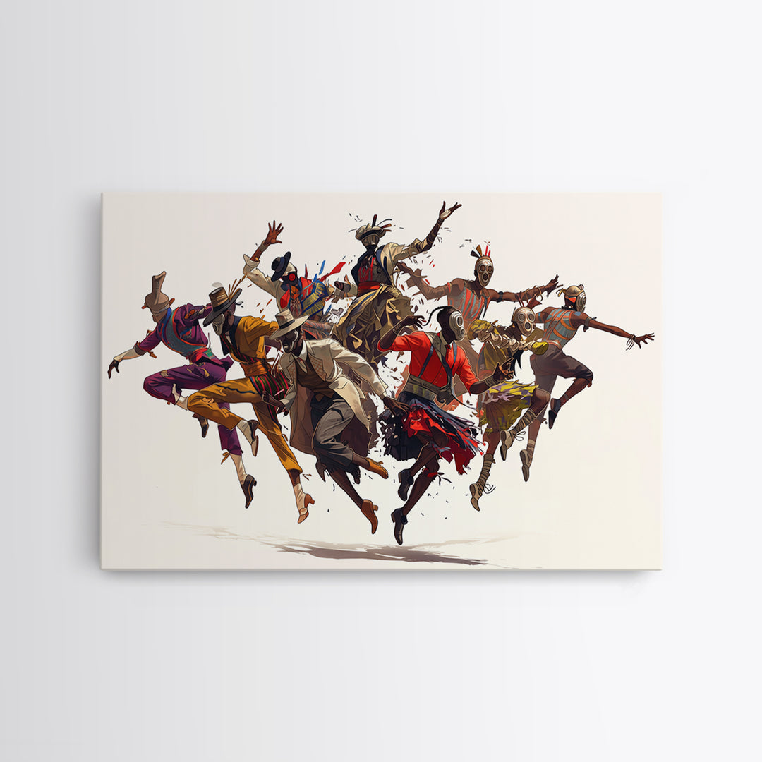 Joyful African Tribal Dancers Wall Art, Dynamic Masquerade Celebration Painting, Afrocentric Decor, Vibrant Canvas Print Gift