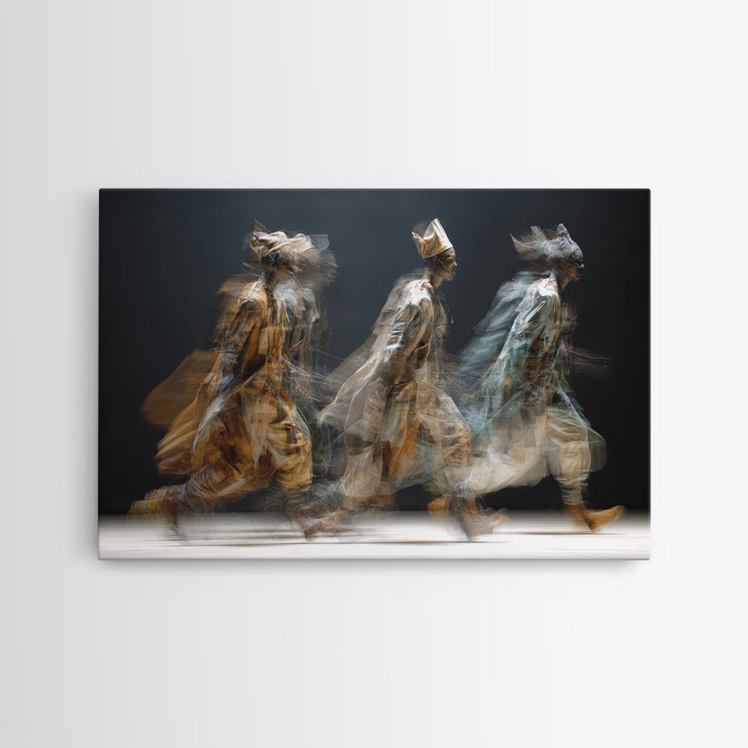 Blurred African Spirit Walkers Framed Canvas Print, Modern Afrocentric Wall Art, Ethnic Home Decor, Dreamy Motion Painting