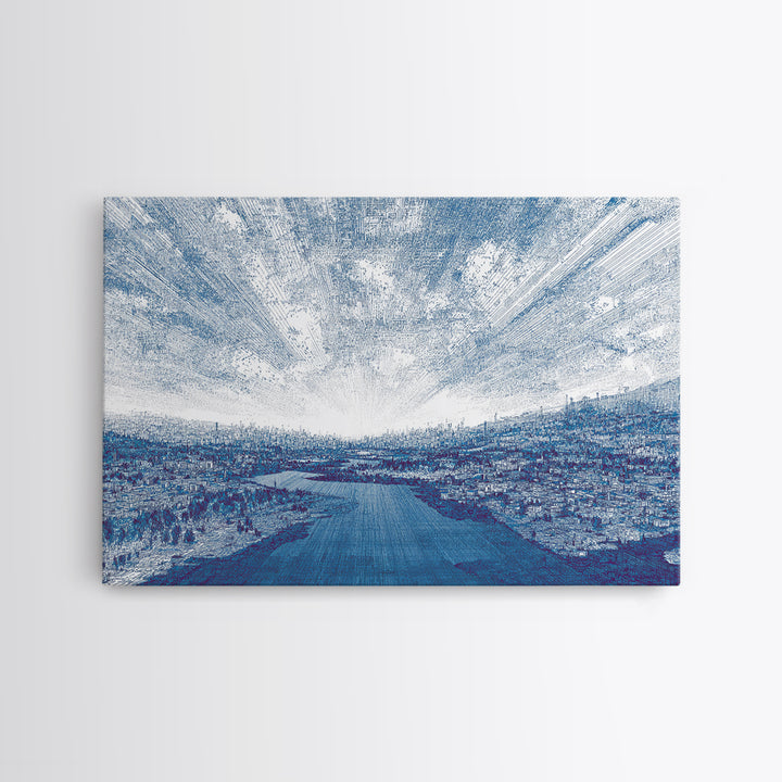 Blue River City Skyline Wall Art, Abstract Landscape Canvas Print, Modern Office Decor, Coastal Urban Artwork In Cool Tones