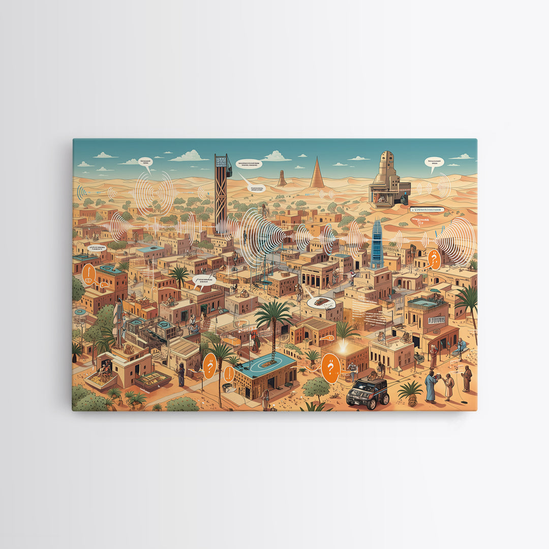 Afrofuturist Desert City With Radio Signals Wall Art, African Landscape, Modern Canvas Art, Tech Inspired Office Decor Print