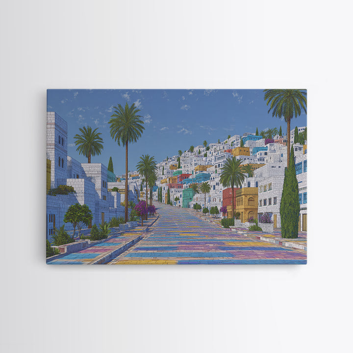 Sunny White Hillside Street With Rainbow Steps Canvas Print, Morocco Africa Travel Poster, Blue Palm Tree Wall Decor Art