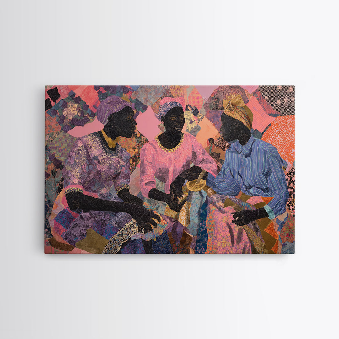 Three African Women Sharing Tea Framed Canvas Print, Textile Art, African Fabric, Black Women Art, Cultural Home Decor Gift