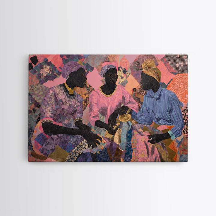 Three African Women Sharing Tea Framed Canvas Print, Textile Art, African Fabric, Black Women Art, Cultural Home Decor Gift