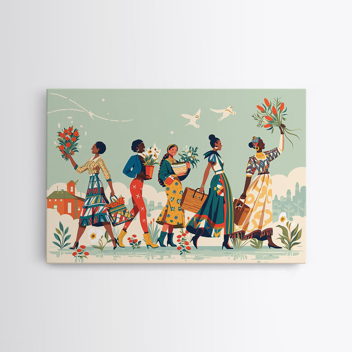 Joyful African Women Carrying Flowers Wall Art, Feminine Wall Decor, Ankara Inspired Print, Black Girl Magic Home Decor Gift