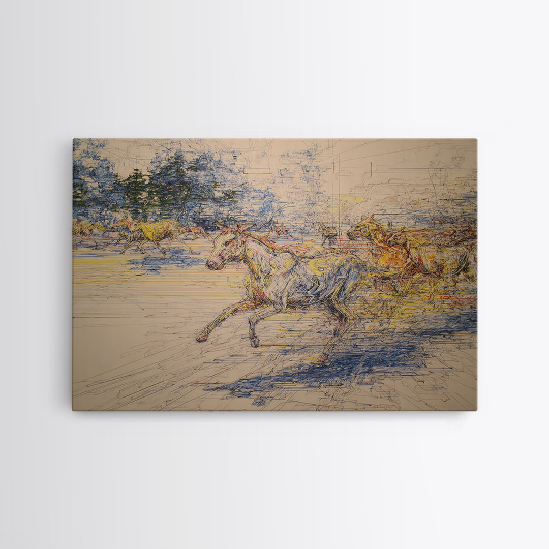Galloping Horses In Dynamic Sketch Canvas Print, Abstract Painting, Statement Modern Wall Decor, Rustic Living Room Art Gift