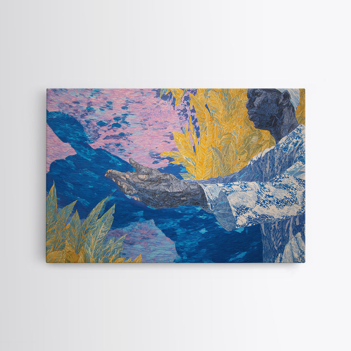 Blue Gold Figure With Open Hands Framed Canvas Print, Black Man Wall Art, Spiritual Wall Decor, African Inspired Home Decor Gift