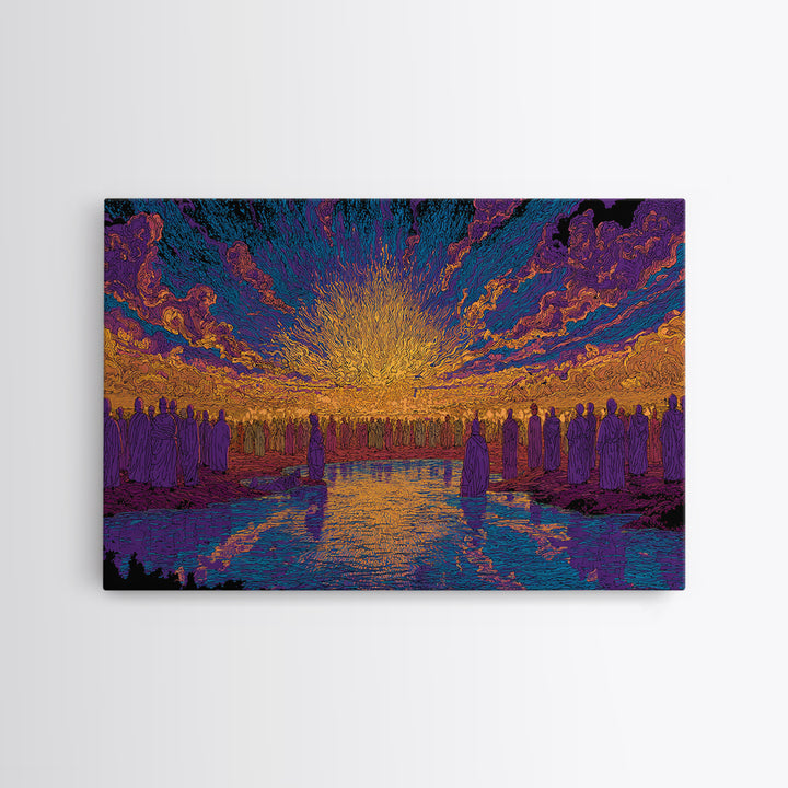 Vibrant Sunset Gathering By Water Wall Art, Mystical Wall Art, Spiritual Decor, Colorful African Art Print Large Canvas Gift