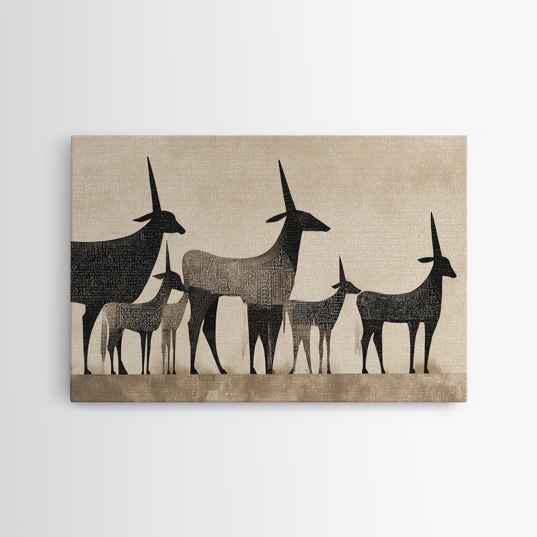 Minimalist Antelope Family Silhouette Canvas Print, African Safari Art, Neutral Tribal Decor, Beige Living Room Wall Decor