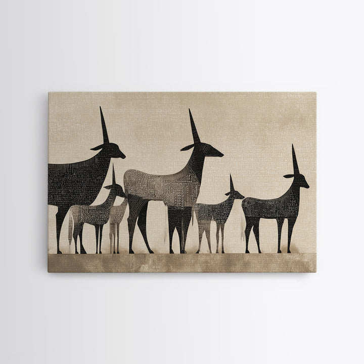 Minimalist Antelope Family Silhouette Canvas Print, African Safari Art, Neutral Tribal Decor, Beige Living Room Wall Decor