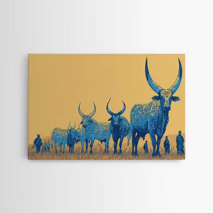 Blue Ornate Ankole Cattle Herd Canvas Print, African Safari Art, Tribal Animal Decor, Golden Savanna Statement Wall Art Print