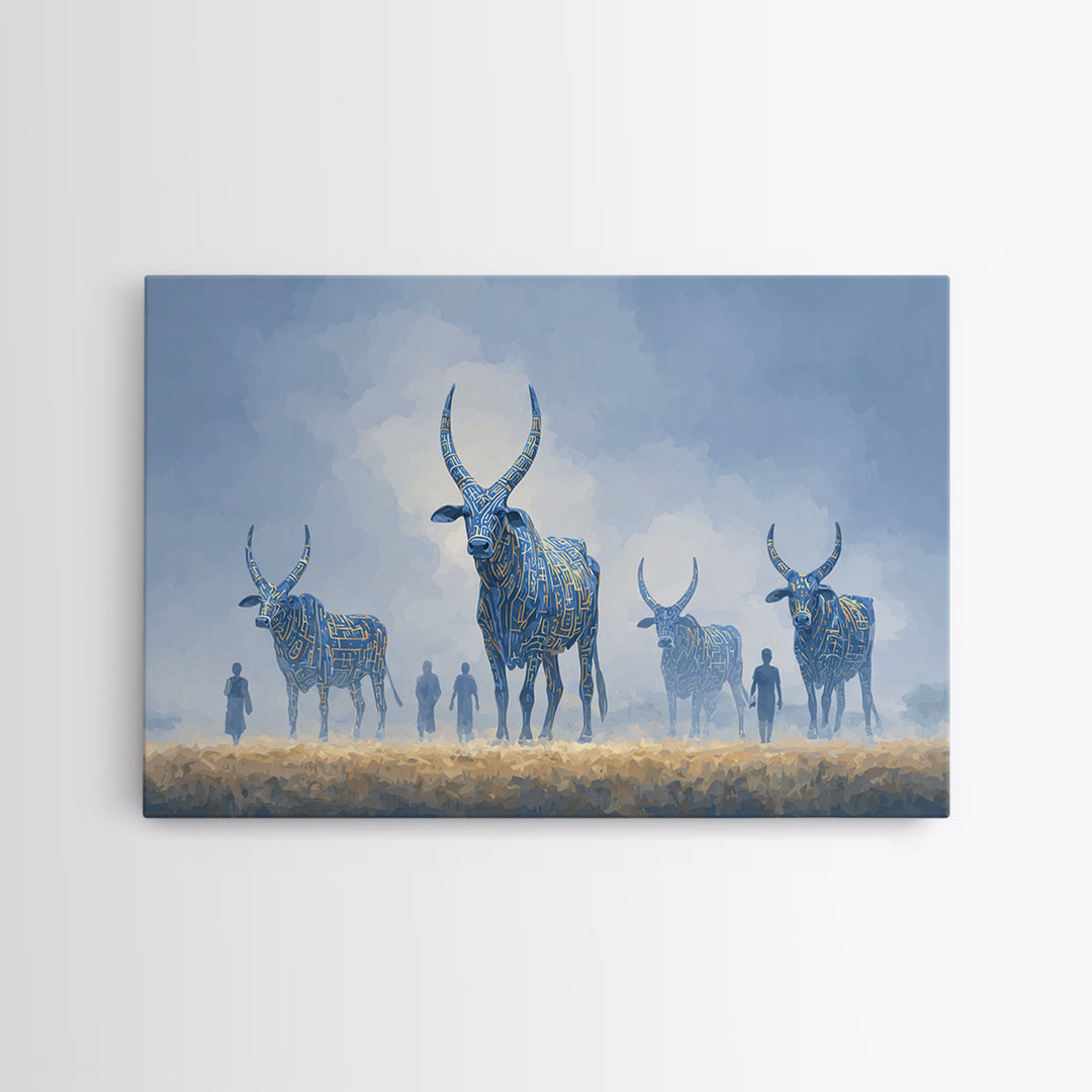 Misty Blue Ankole Cattle In Grassland Framed Canvas Print, African Animal Art, Serene Safari Decor, Modern Wall Art Home Decor