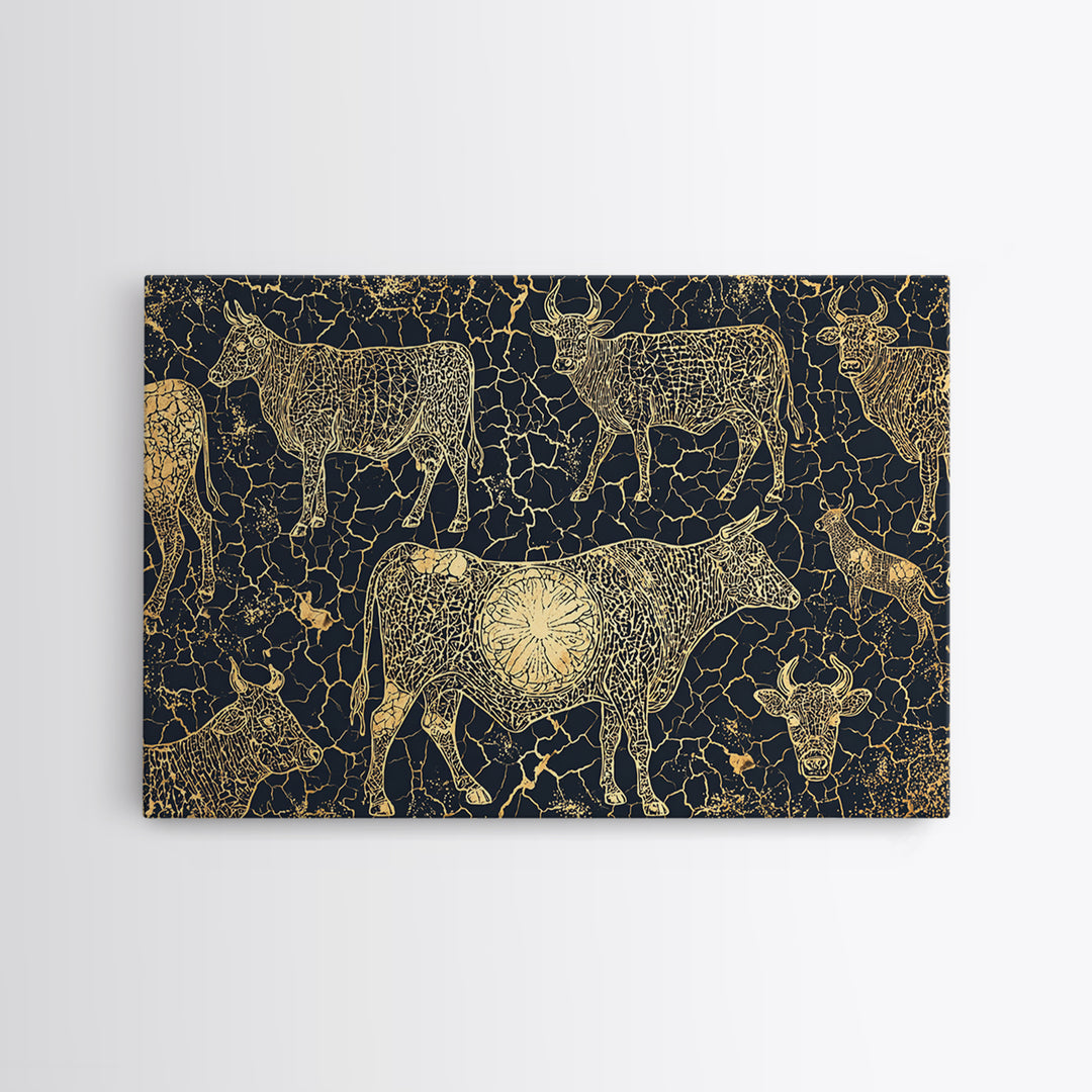 Gold Line Cattle On Cracked Black Canvas Print, African Tribal Art, Rustic Animal Pattern, Bold Ethnic Wall Decor, Home Decor