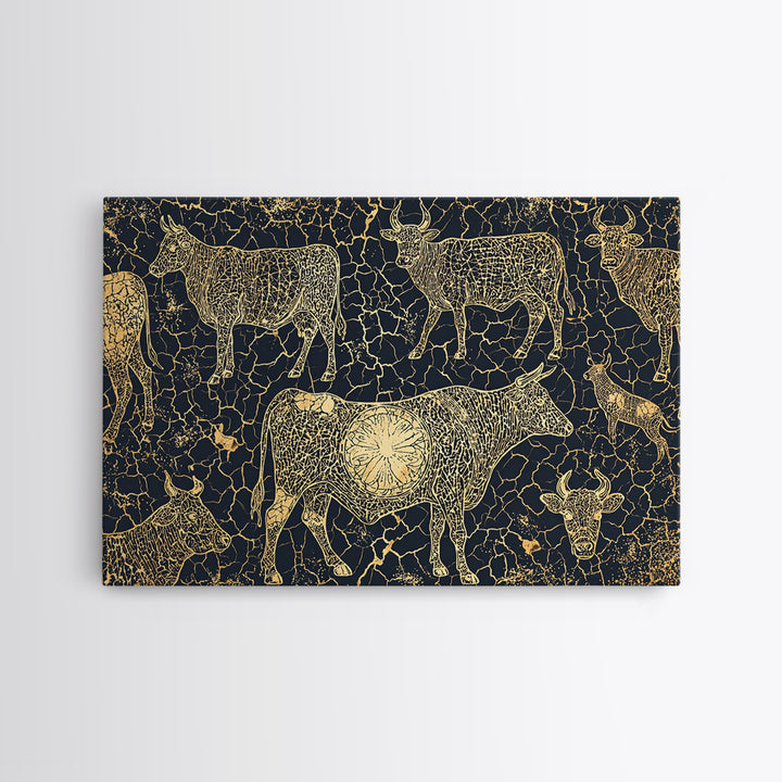 Gold Line Cattle On Cracked Black Canvas Print, African Tribal Art, Rustic Animal Pattern, Bold Ethnic Wall Decor, Home Decor
