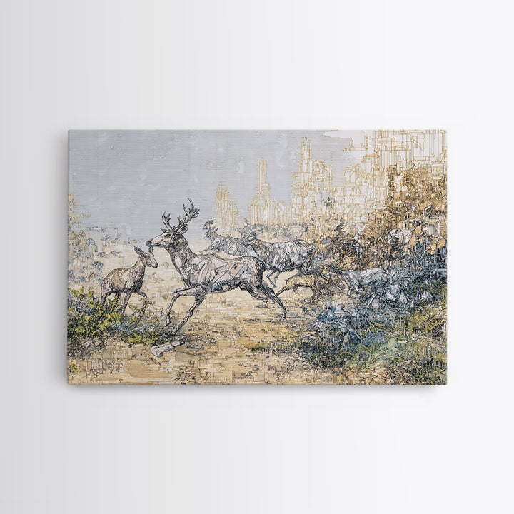 Leaping Antelope Beside Abstract City Skyline Wall Art, African Safari Art Print, Modern Nature Scene, Office Decor Gift