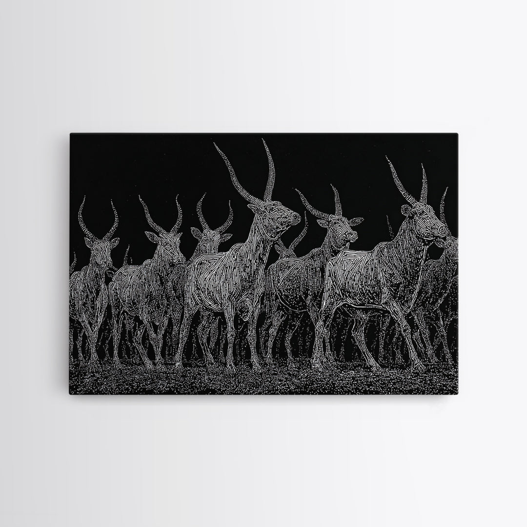 Black And White Ankole Herd At Night Canvas Print, African Animal Art, Minimalist Safari Decor, Bold Statement Wall Art Print