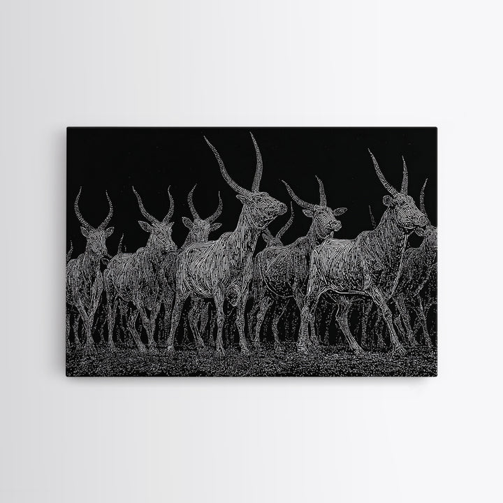 Black And White Ankole Herd At Night Canvas Print, African Animal Art, Minimalist Safari Decor, Bold Statement Wall Art Print