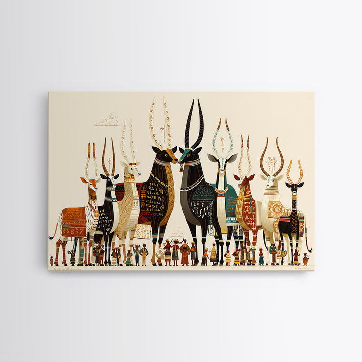Stylized Sacred Cattle And Villagers Framed Canvas Print, African Egyptian Art, Tribal Culture Decor, Colorful Wall Art Print