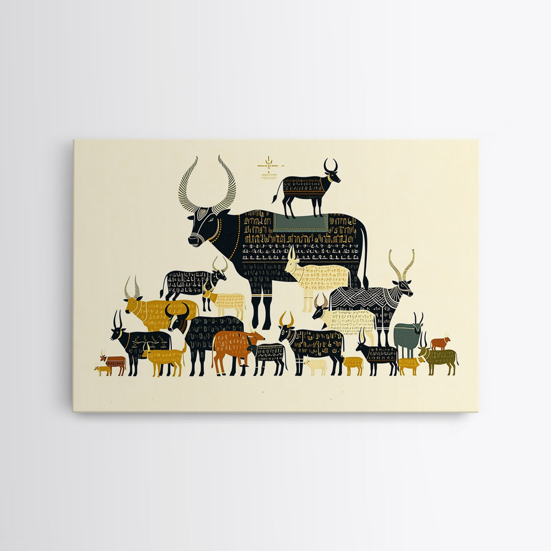 Stacked Sacred Cattle Hieroglyph Inspired Canvas Print, African Egyptian Art, Tribal Animal Decor, Unique Wall Art Print