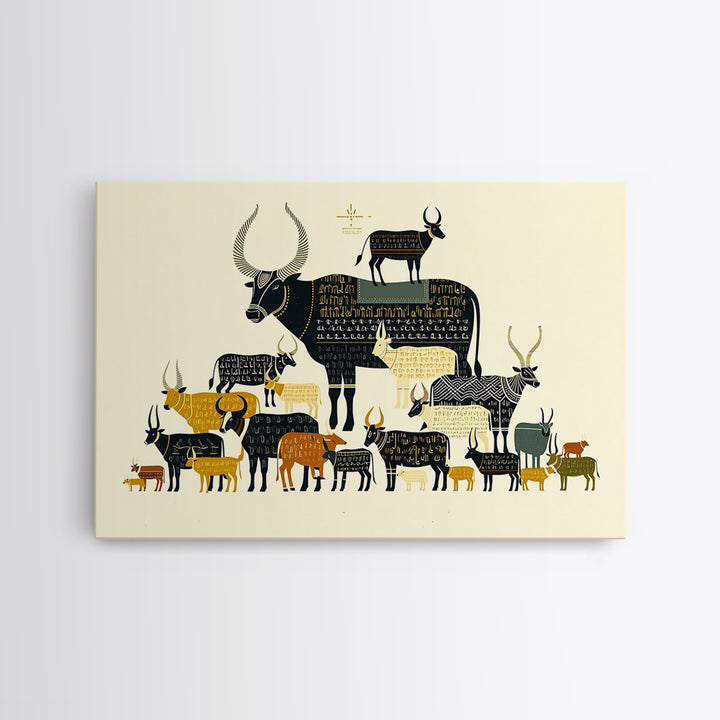 Stacked Sacred Cattle Hieroglyph Inspired Canvas Print, African Egyptian Art, Tribal Animal Decor, Unique Wall Art Print
