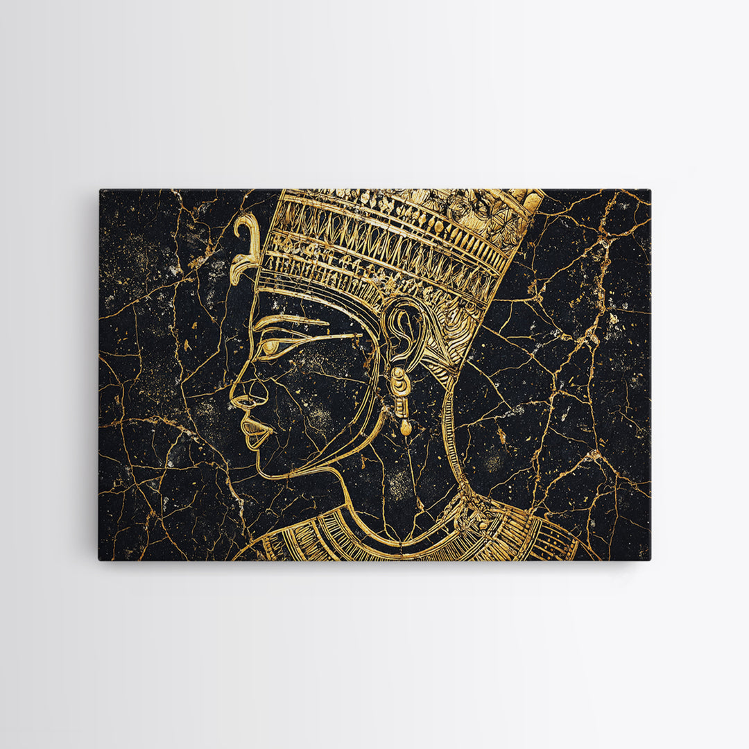 Gold Egyptian Queen Profile On Black Marble Wall Art, African Portrait, Afrocentric Decor, Black And Gold Cultural Home Decor
