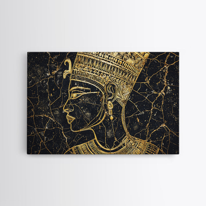 Gold Egyptian Queen Profile On Black Marble Wall Art, African Portrait, Afrocentric Decor, Black And Gold Cultural Home Decor